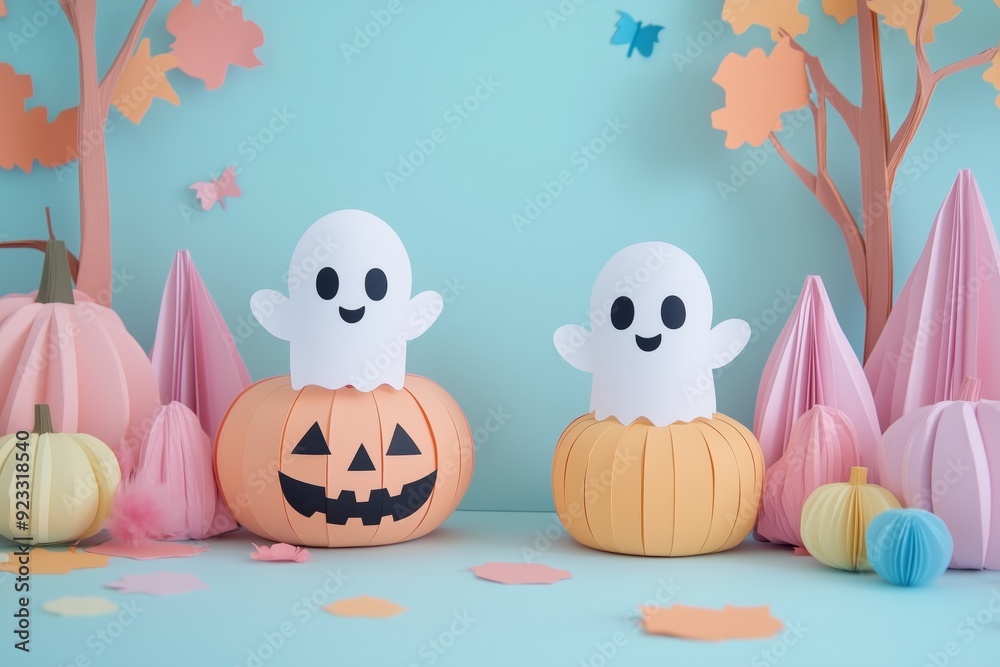 3D paper art background with cute sheet ghost, bats and pumpkin, pastel color palette 3D paper art background with cute sheet ghost, bats and pumpkin, pastel color palette