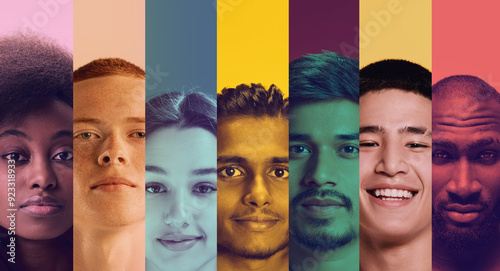 Vibrant mosaic of diverse faces, each stripe pulsating with unique hues, celebrates beauty of individuality and unity found in our shared humanity. Concept of youth, human rights, social equality photo