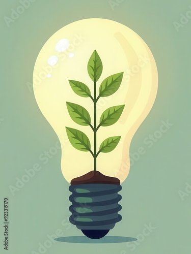 Illustration of a green plant growing inside a lightbulb, symbolizing eco-friendly innovation, sustainable energy, and environmental ideas.