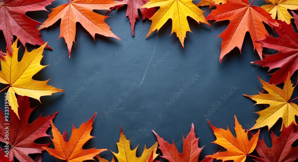 Vibrant autumn leaves artfully positioned against a cool background, ideal for seasonal promotions, copy space impacts marketing creativity. Vibrant autumn leaves artfully positioned against a cool background, ideal for seasonal promotions, copy space impacts marketing creativity.