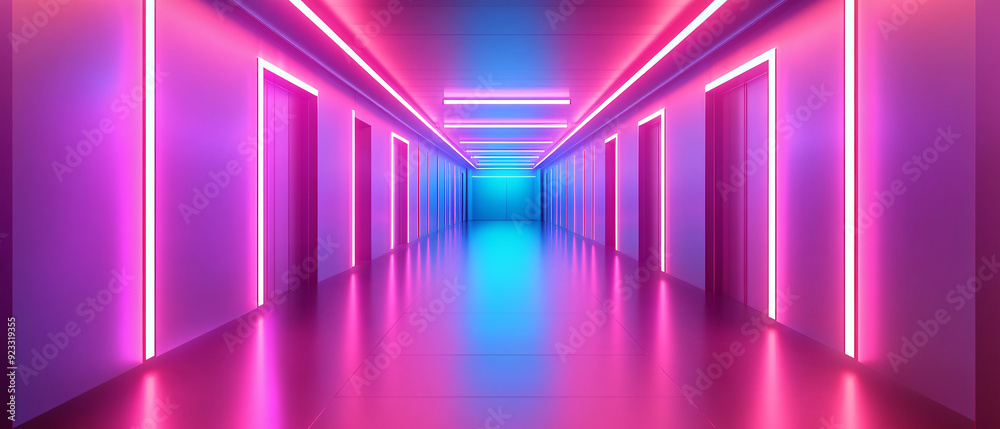 Neon Lights Illuminate a Futuristic Hallway with Doors Neon Lights Illuminate a Futuristic Hallway with Doors
