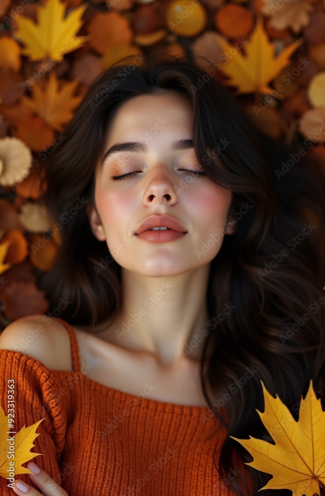 Serene young woman with closed eyes among autumn leaves, earthy colors, suitable for book covers, wellness themes, or seasonal marketing, available copy space.