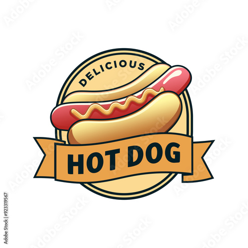 Delicious hotdog logo in circle with white background