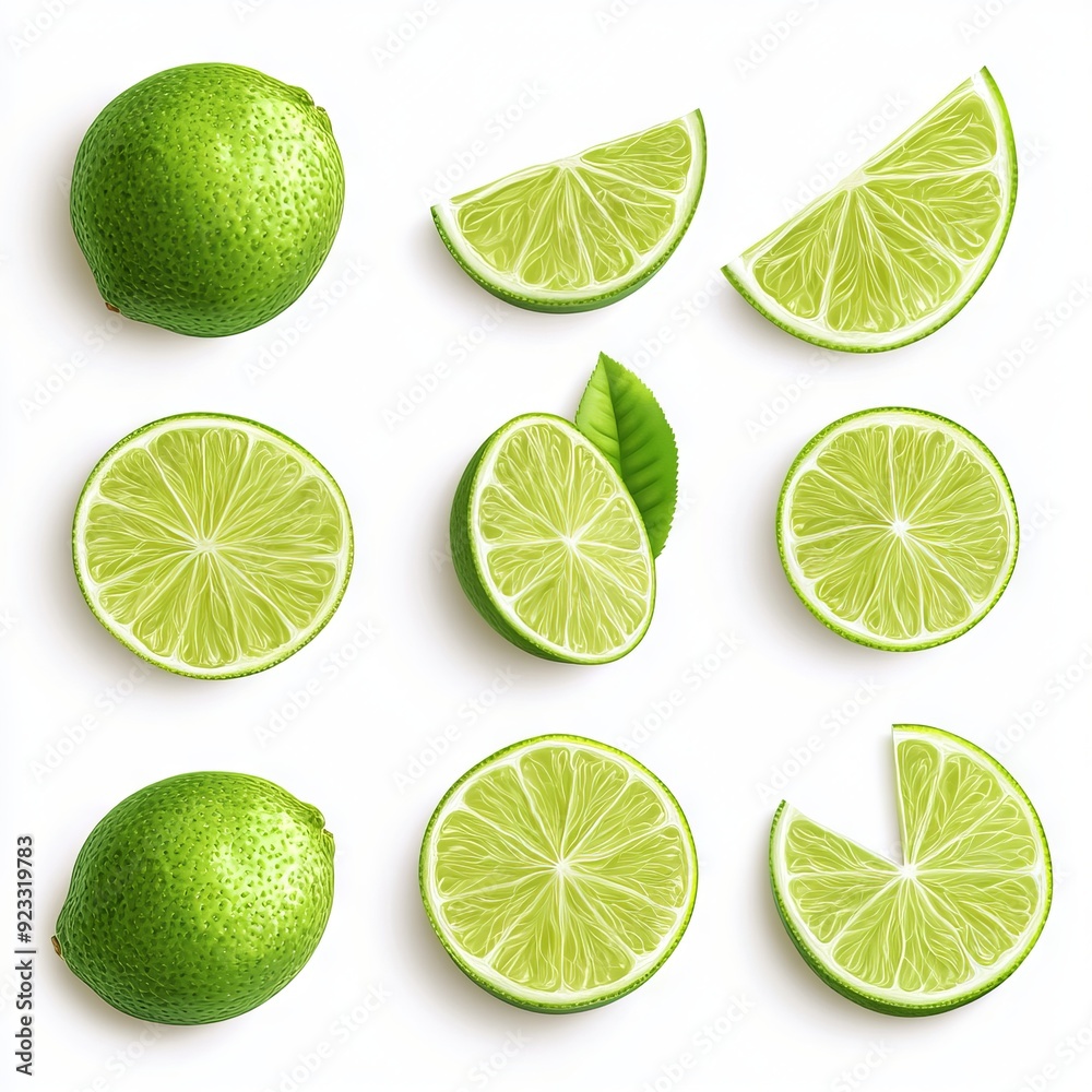 Close up of Set of Lime, Lime half, slice, piece on an isolated white background Close up of Set of Lime, Lime half, slice, piece on an isolated white background