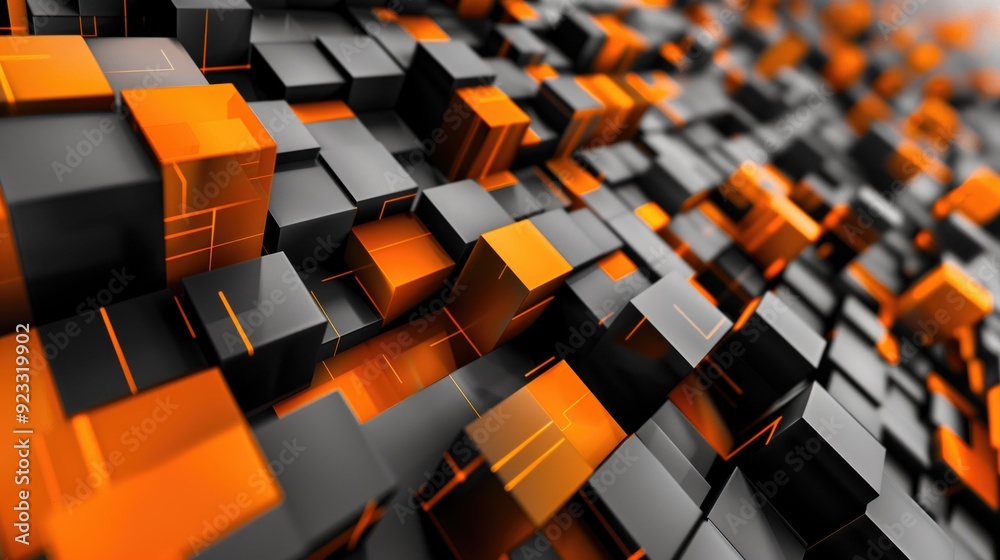3D abstract geometric orange and black cubes with illuminated edges. Concepts of modern technology, innovation, and digital design. 3D abstract geometric orange and black cubes with illuminated edges. Concepts of modern technology, innovation, and digital design.