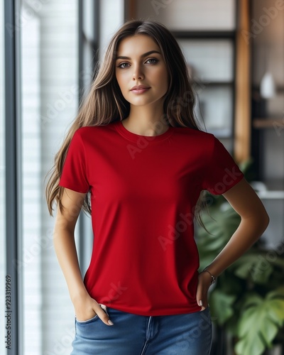 Woman in Blank Red T-Shirt Posing Confidently - Ideal for Custom Designs or Everyday Casual Wear Free Download Woman in Blank Red T-Shirt Posing Confidently - Ideal for Custom Designs or Everyday Casual Wear - GFXLoad