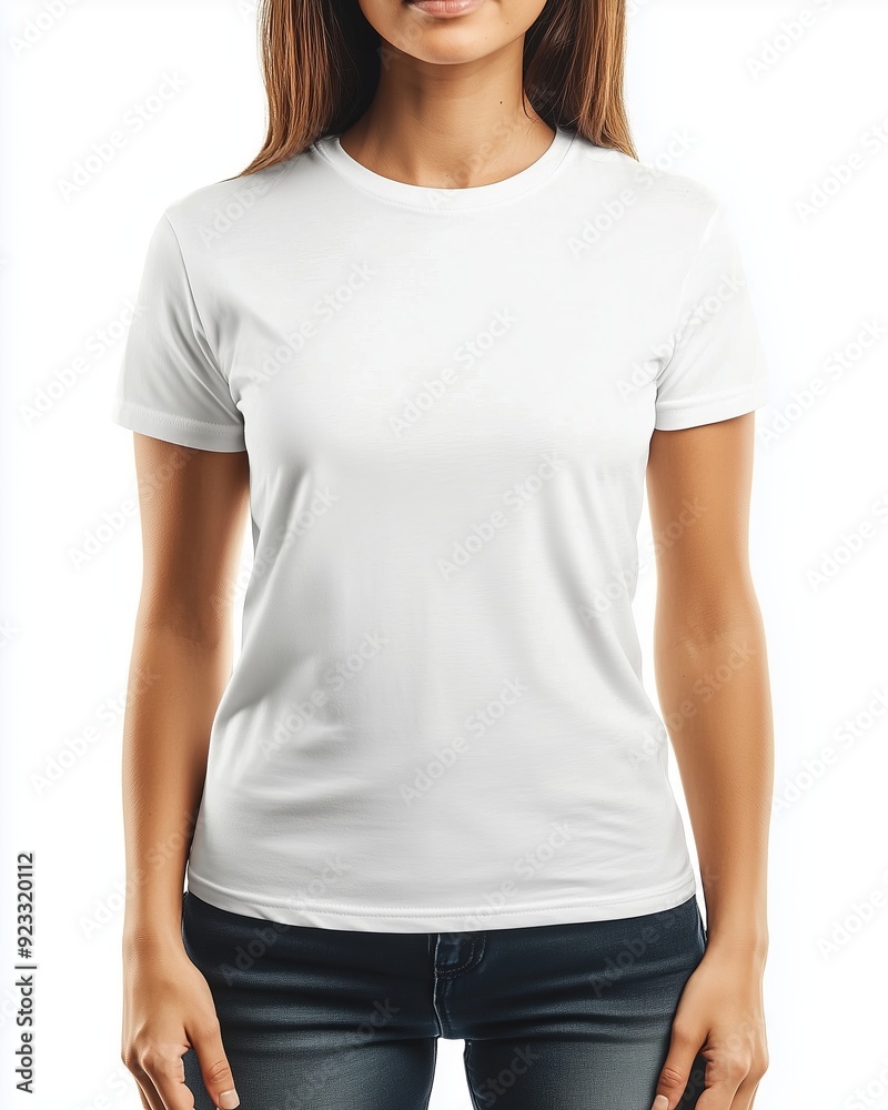 Woman in Blank White T-Shirt - Ideal for Custom Designs or Everyday Casual Wear Woman in Blank White T-Shirt - Ideal for Custom Designs or Everyday Casual Wear