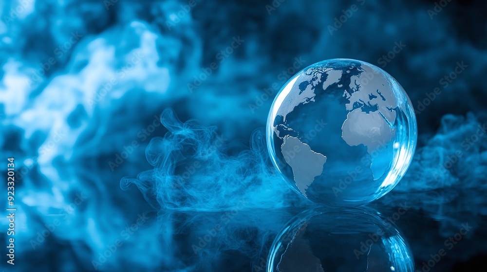 A glass globe sits on a reflective surface, surrounded by swirling blue smoke. The image evokes themes of the environment, climate change, and fragility. A glass globe sits on a reflective surface, surrounded by swirling blue smoke. The image evokes themes of the environment, climate change, and fragility.
