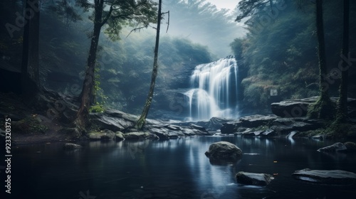 Beautiful waterfall on foggy river in evening landscape scene. Neural network ai generated art