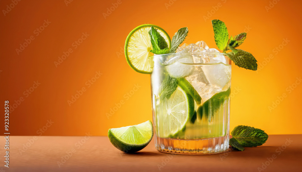 Caipirinha cocktail. A refreshing caipirinha cocktail, with ice cubes, lime slices and mint leaves. The background is orange to make it more summery.