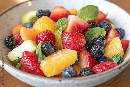 Fresh and juicy mixed fruit salad in white bowl with vibrant colors and mint leaves for healthy eating and summer dessert ideas