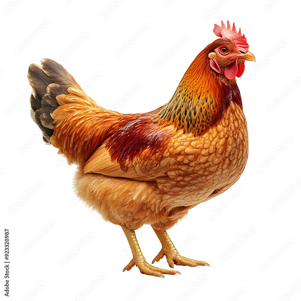 Fototapeta premium Photography of Detailed Brown and Red Rooster Chicken Isolated on Plain White Background transparent png