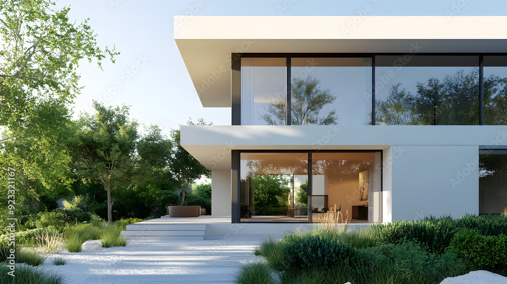 Fototapeta premium Beautiful modern house with large windows. Minimalist architecture with clean lines and a contemporary design