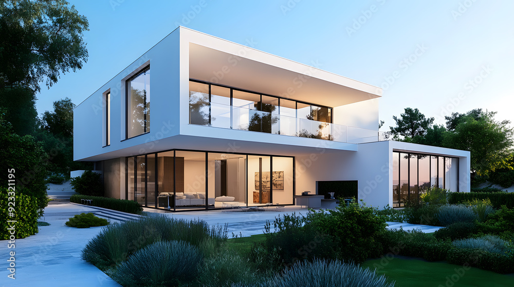 Beautiful modern house with large windows. Minimalist architecture with clean lines and a contemporary design Beautiful modern house with large windows. Minimalist architecture with clean lines and a contemporary design