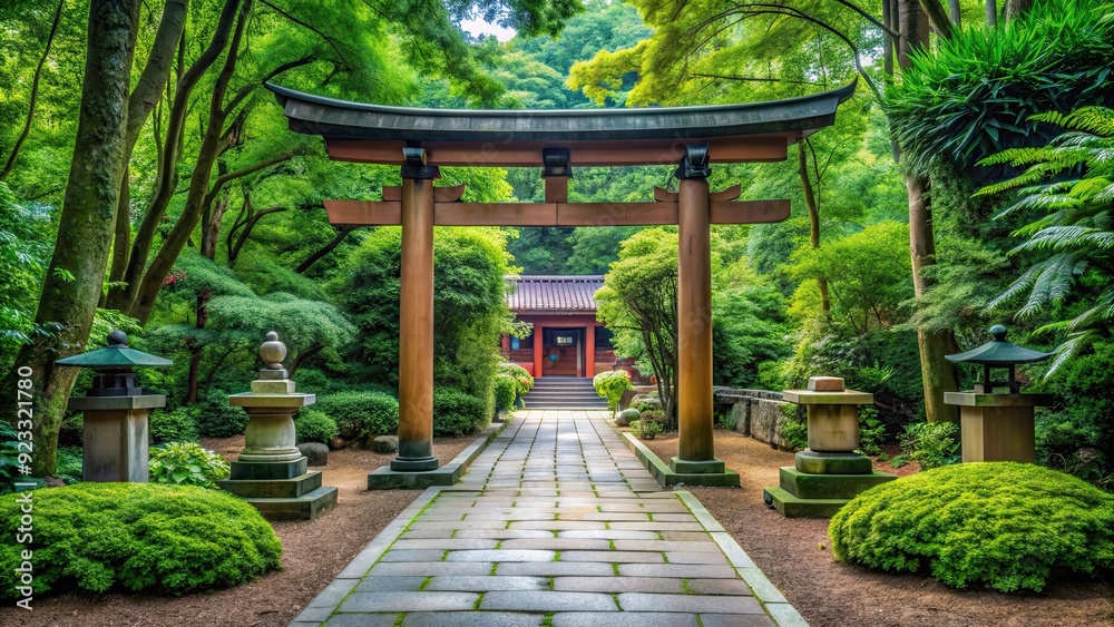 Tranquil view of a traditional Japanese shrine with torii gates and lush greenery , Japan, shrine, Shinto Tranquil view of a traditional Japanese shrine with torii gates and lush greenery , Japan, shrine, Shinto