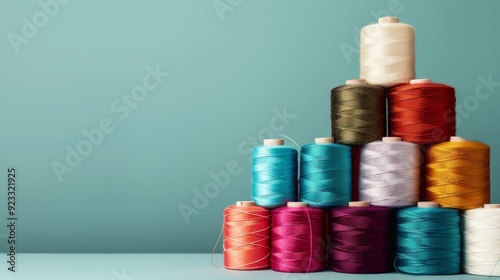 Neatly stacked spools of colorful thread against a teal background, showcasing a rainbow array for sewing enthusiasts and artists. photo