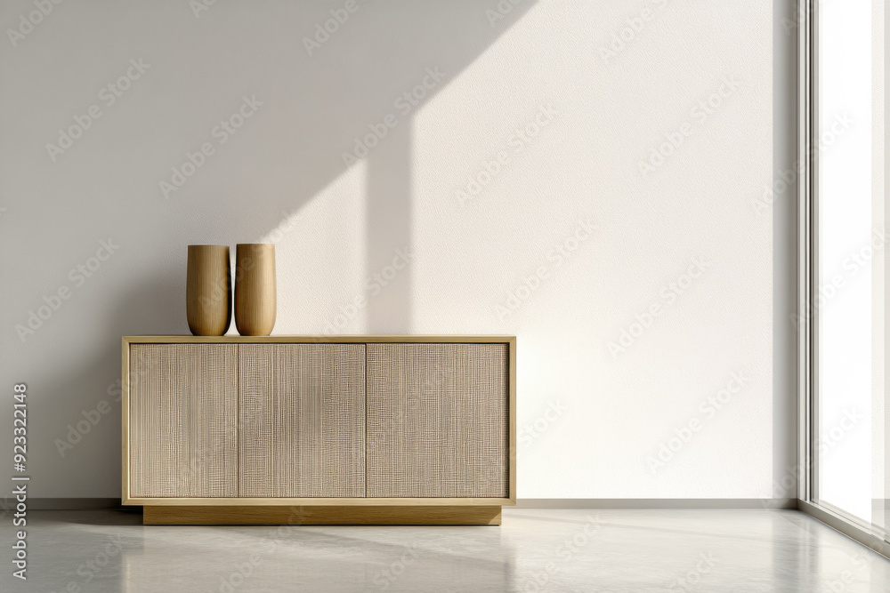 Stylish living room sideboard next to a large window in an interior design minimalist composition. Stylish living room sideboard next to a large window in an interior design minimalist composition.