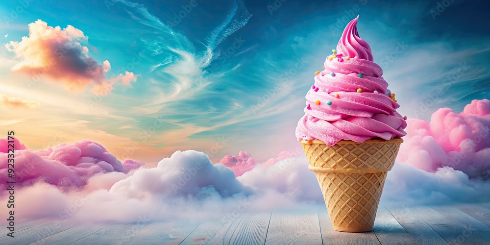 Pink soft serve ice cream with sprinkles on a waffle cone in a cotton ...