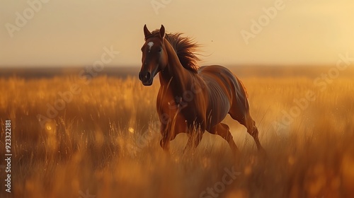 Beautiful brown horse running in the field at golden hour