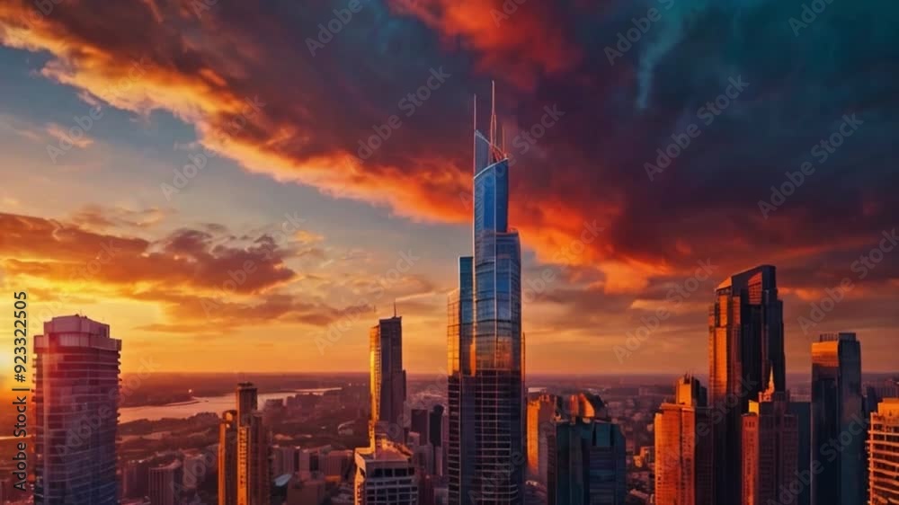 Modern civilization city with skyscrapers beside a river with time-lapse of the clouds in the sky Generative AI