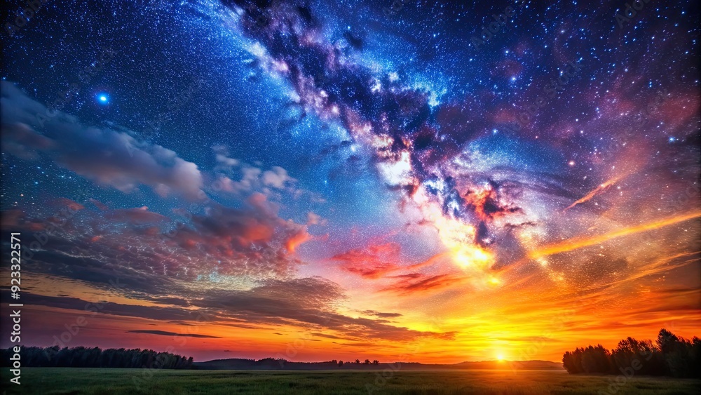 Fototapeta premium Vibrant sunset merging into a starry night sky , day, night, sunset, sunrise, stars, sky, nature, transition, dusk, dawn