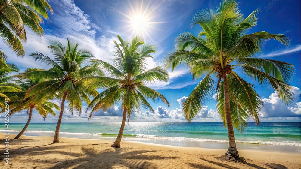Tropical beach scene with palm trees on a sunny day, beach, palm trees, tropical, ocean, sand, relaxation, vacation, paradise Tropical beach scene with palm trees on a sunny day, beach, palm trees, tropical, ocean, sand, relaxation, vacation, paradise