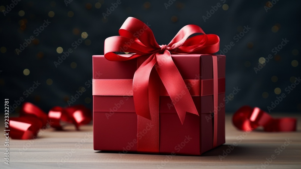 Big red box with ribbon for Christmas gift on dark background. Neural network ai generated art Big red box with ribbon for Christmas gift on dark background. Neural network ai generated art