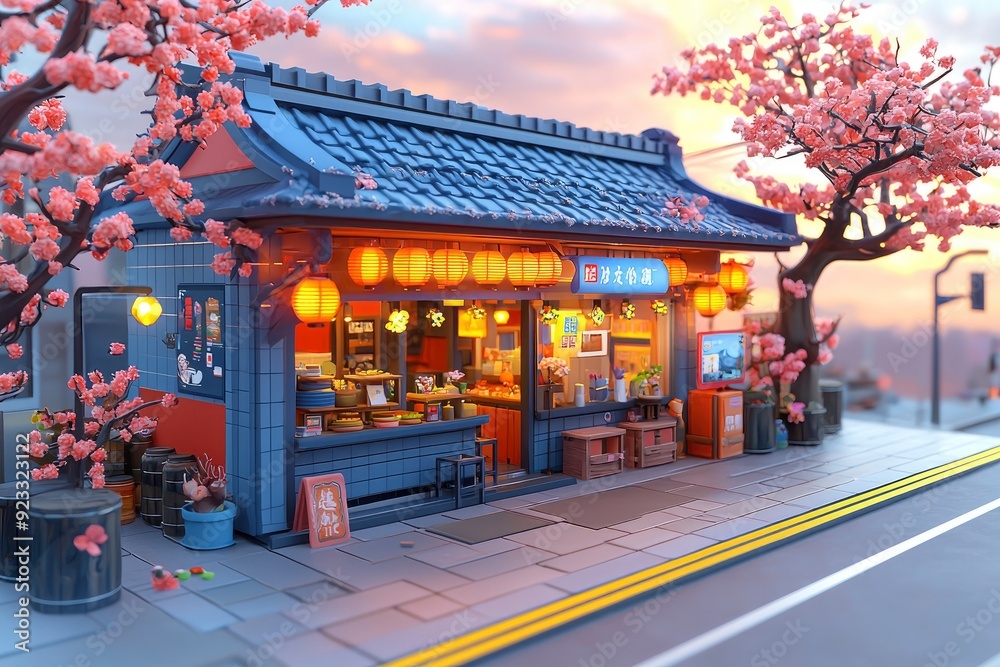 Traditional Japanese Store Front with Cherry Blossoms in the Evening Traditional Japanese Store Front with Cherry Blossoms in the Evening