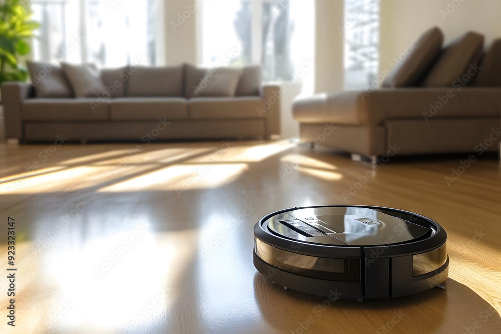 Robotic vacuum cleaner on the floor in cozy modern living room Robotic vacuum cleaner on the floor in cozy modern living room