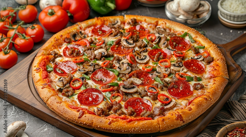Deluxe Pizza with Pepperoni, Sausage, Mushrooms and Peppers background Deluxe Pizza with Pepperoni, Sausage, Mushrooms and Peppers background