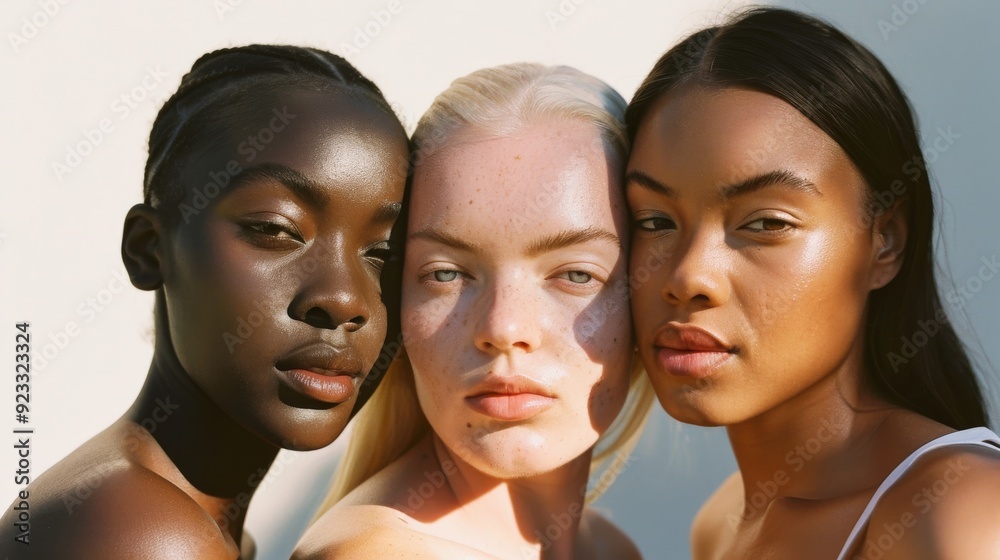 Three diverse women standing close together, background blurred to focus on their natural beauty and different skin tones. Three diverse women standing close together, background blurred to focus on their natural beauty and different skin tones.