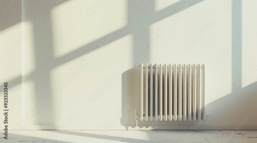 A white radiator against a plain wall, bathed in sunlight streaming through a window, evoking warmth and comfort. A white radiator against a plain wall, bathed in sunlight streaming through a window, evoking warmth and comfort.