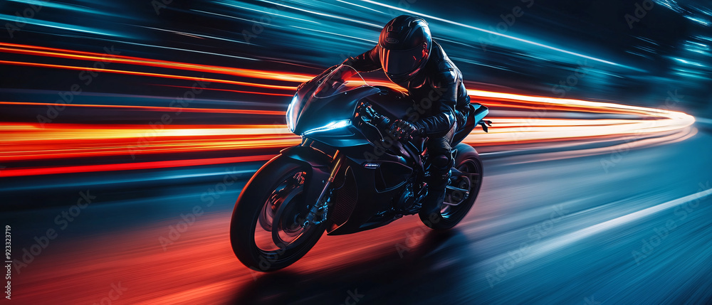Fototapeta premium Motorcycle Rider Speeding Through City at Night with Light Trails, Motorcycle Rider Speeding Through City at Night with Light Trail