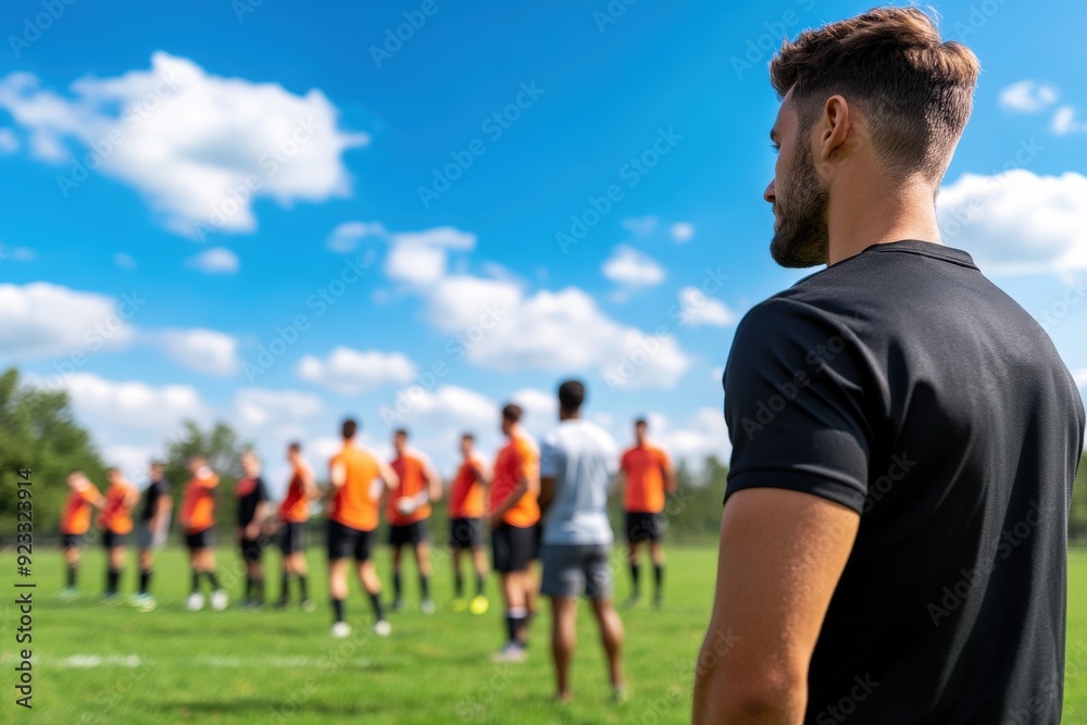 Fototapeta premium A coach in a black shirt attentively observes and instructs a youth soccer team in orange jerseys during a practice session on a bright and sunny day in an open field.