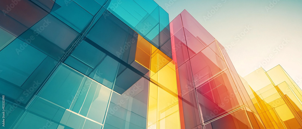 Fototapeta premium Abstract Glass Building Architecture with Blue, Yellow, and Red Colors, and Red