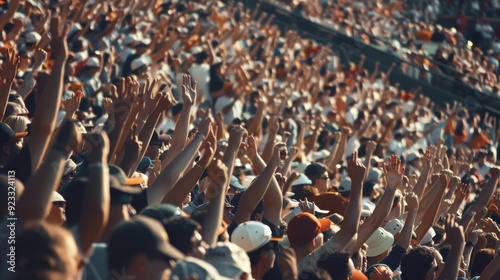 A bustling crowd at a sports event, all with raised hands, capturing the energy and excitement of the moment.