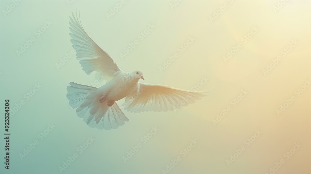 A white dove in tranquil flight set against a gentle, hazy sunrise, symbolizing peace and hope. A white dove in tranquil flight set against a gentle, hazy sunrise, symbolizing peace and hope.