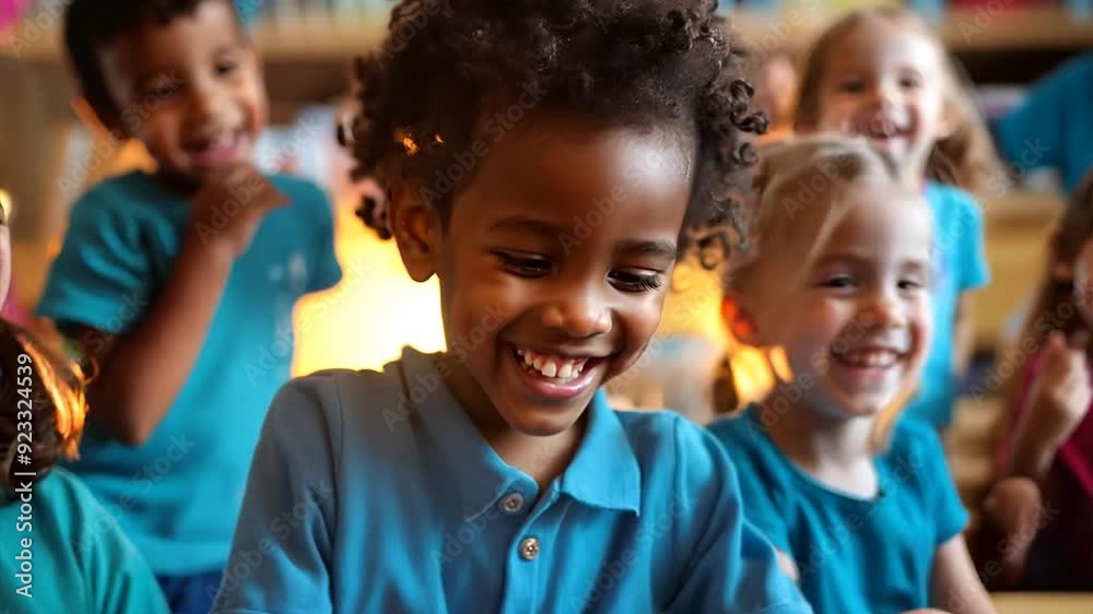 Joyful Learning: A heart-warming image of diverse kindergarten children sharing a moment of pure joy and laughter during an engaging classroom activity. Joyful Learning: A heart-warming image of diverse kindergarten children sharing a moment of pure joy and laughter during an engaging classroom activity.