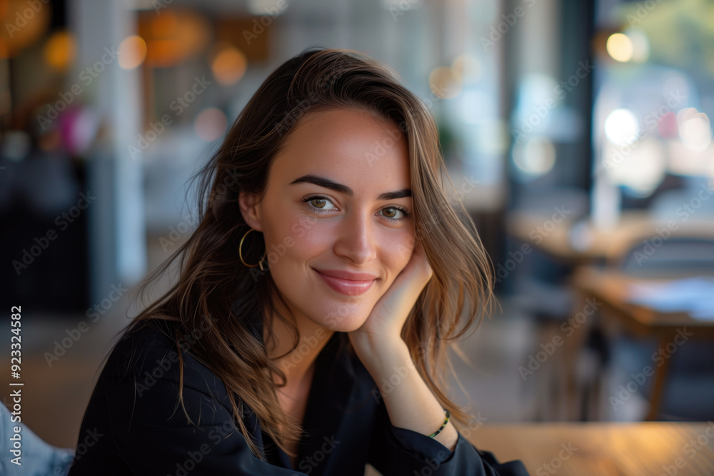 Smiling woman with long brown hair sitting in a modern cafe with blurred background. Concepts of relaxation, urban lifestyle, and casual elegance. Smiling woman with long brown hair sitting in a modern cafe with blurred background. Concepts of relaxation, urban lifestyle, and casual elegance.