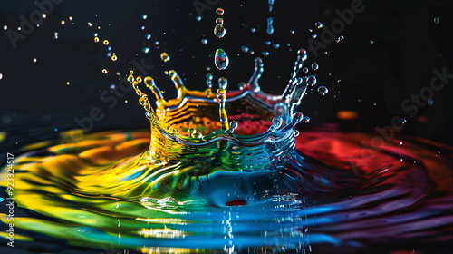 The water froze at the moment the drops fell to the surface, forming a splash that shimmers with bright rainbow colors against a deep black background, creating a spectacular play of light.