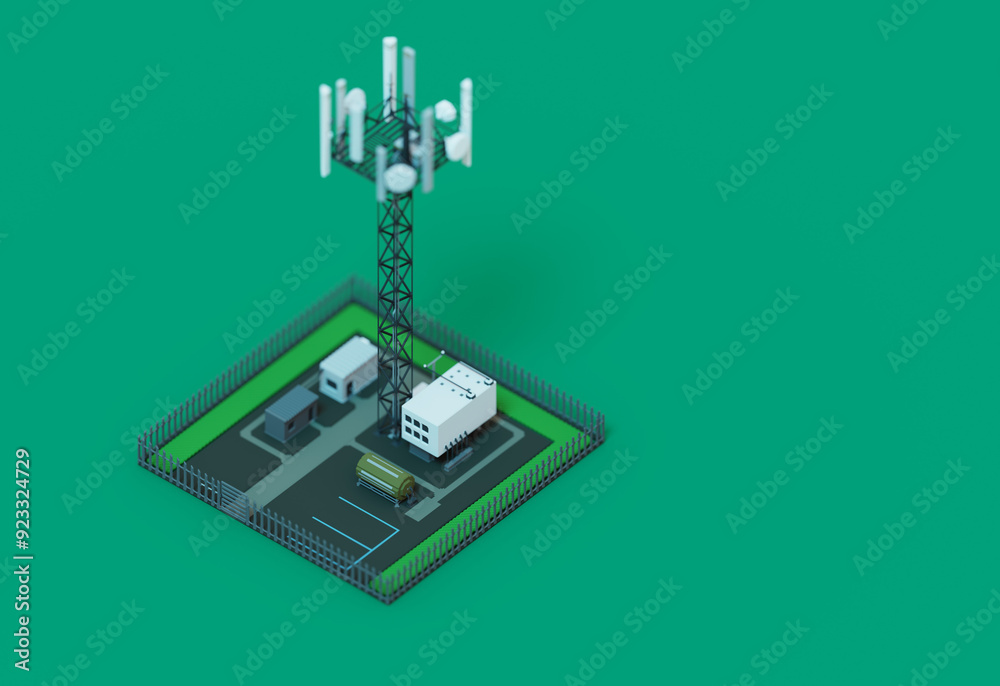 A 3D rendering of a cellular station complex viewed from above. Multiple buildings, fenced grounds, and a parking lot are visible. Narrow roads wind through the site, surrounded by grassy areas. A 3D rendering of a cellular station complex viewed from above. Multiple buildings, fenced grounds, and a parking lot are visible. Narrow roads wind through the site, surrounded by grassy areas.