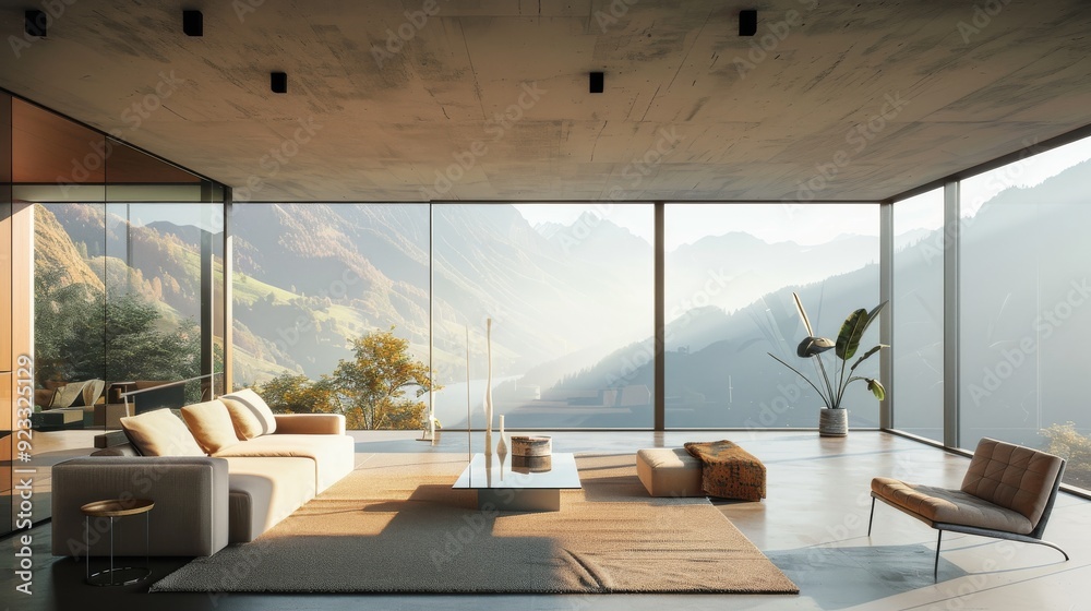 Fototapeta premium A pristine, glass-walled living room with panoramic views of a serene valley, embodying luxury and minimalist design.