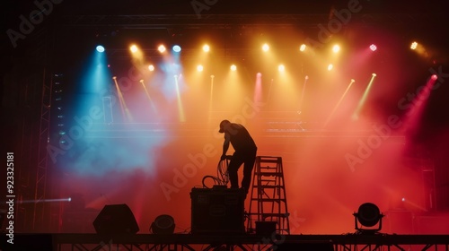 Stage technician working with equipment under a vibrant array of stage lights creates a dynamic pre-concert scene.