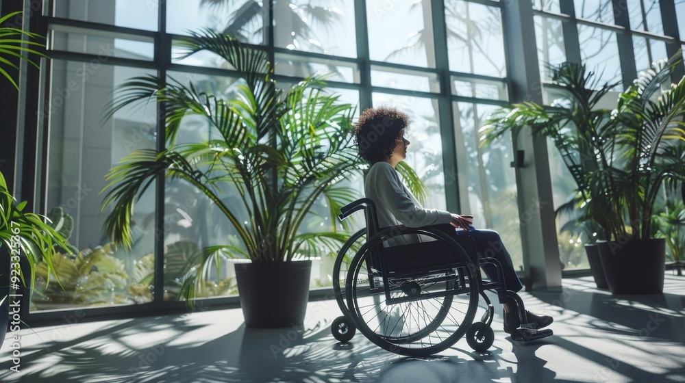 A woman in a wheelchair sits in a tranquil, sunlit space surrounded by lush indoor plants, gazing out the large windows with a thoughtful expression. A woman in a wheelchair sits in a tranquil, sunlit space surrounded by lush indoor plants, gazing out the large windows with a thoughtful expression.