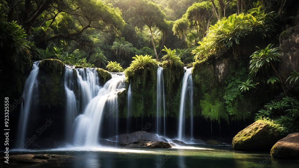 A pristine waterfall flows into a hidden oasis, surrounded by trees and bright greenery A pristine waterfall flows into a hidden oasis, surrounded by trees and bright greenery