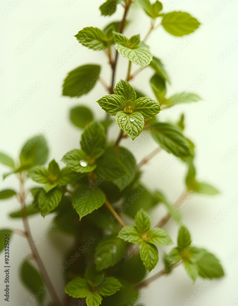 Green mint leaves with water droplets on a white background Green mint leaves with water droplets on a white background
