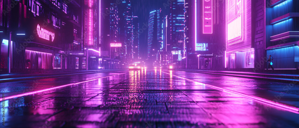 Fototapeta premium Neon Cityscape Street at Night with Rain and Reflections