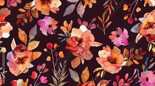 An elegant pattern with watercolor roses in delicate tones and green leaves decorated with gold details on a dark background creates a sense of calm and elegance.