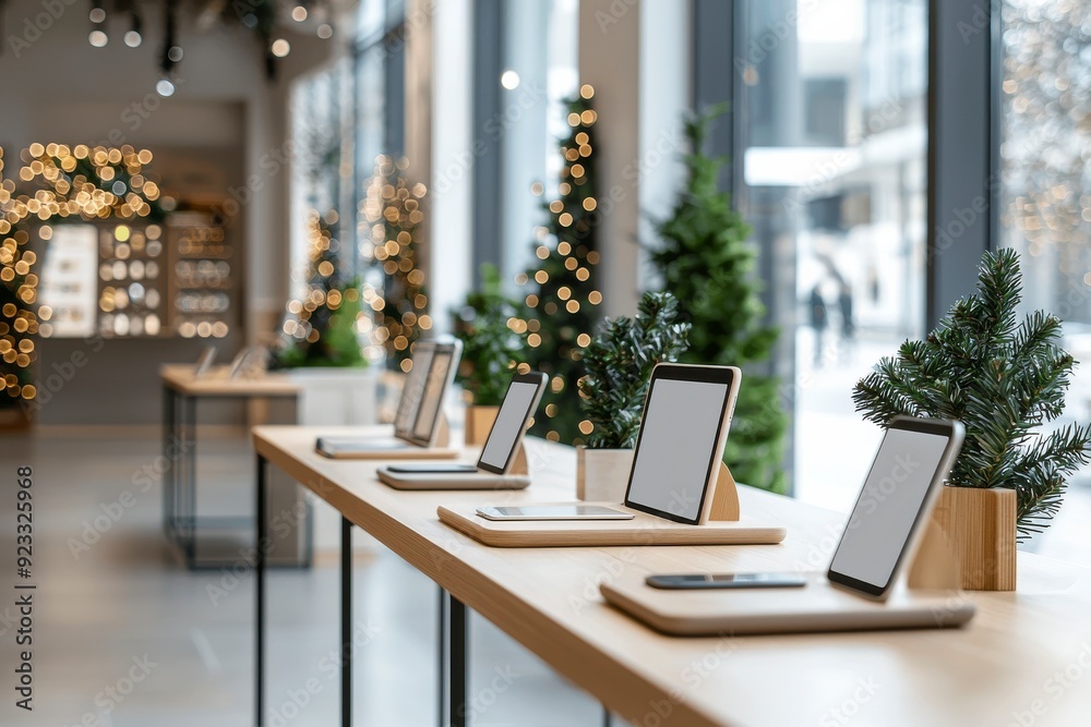 Modern retail store interior with tablets displayed on a long table, with Christmas trees in the background.