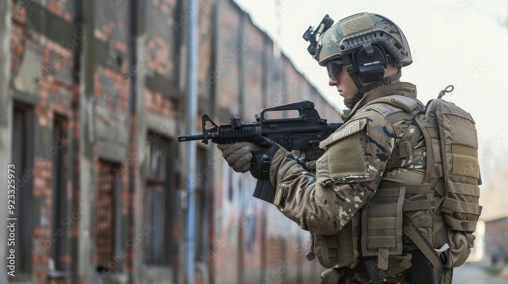 A soldier in full combat gear cautiously aims his rifle while standing beside a worn-down, graffiti-covered building. A soldier in full combat gear cautiously aims his rifle while standing beside a worn-down, graffiti-covered building.